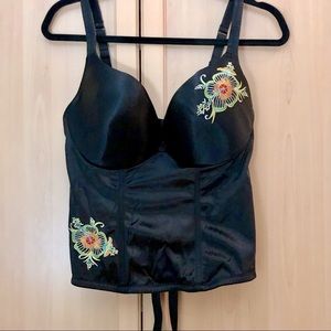 Cacique Satin Embroidered Corset Bustier Sheer Lace up Back